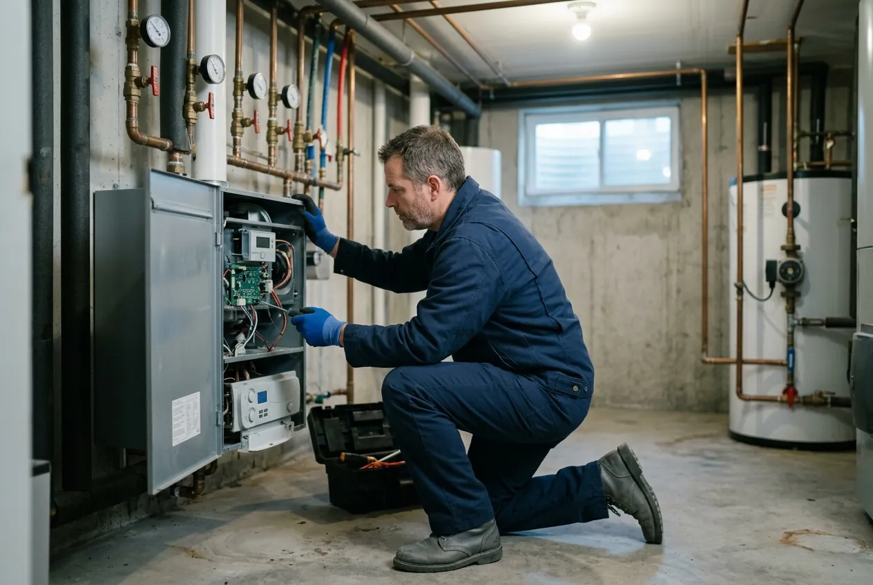 Heidler technician performing annual maintenance on a residential boiler in Annapolis