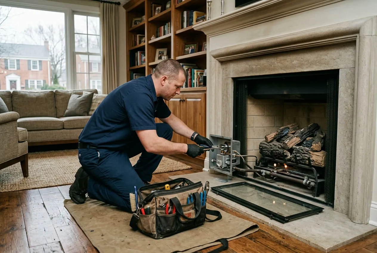 Heidler technician performing annual maintenance on a gas fireplace in Annapolis