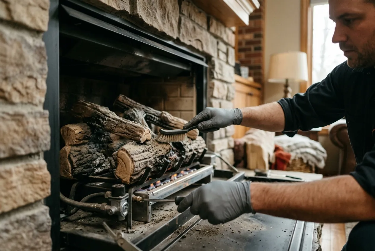 Gas fireplace burner and logs being cleaned during an annual service